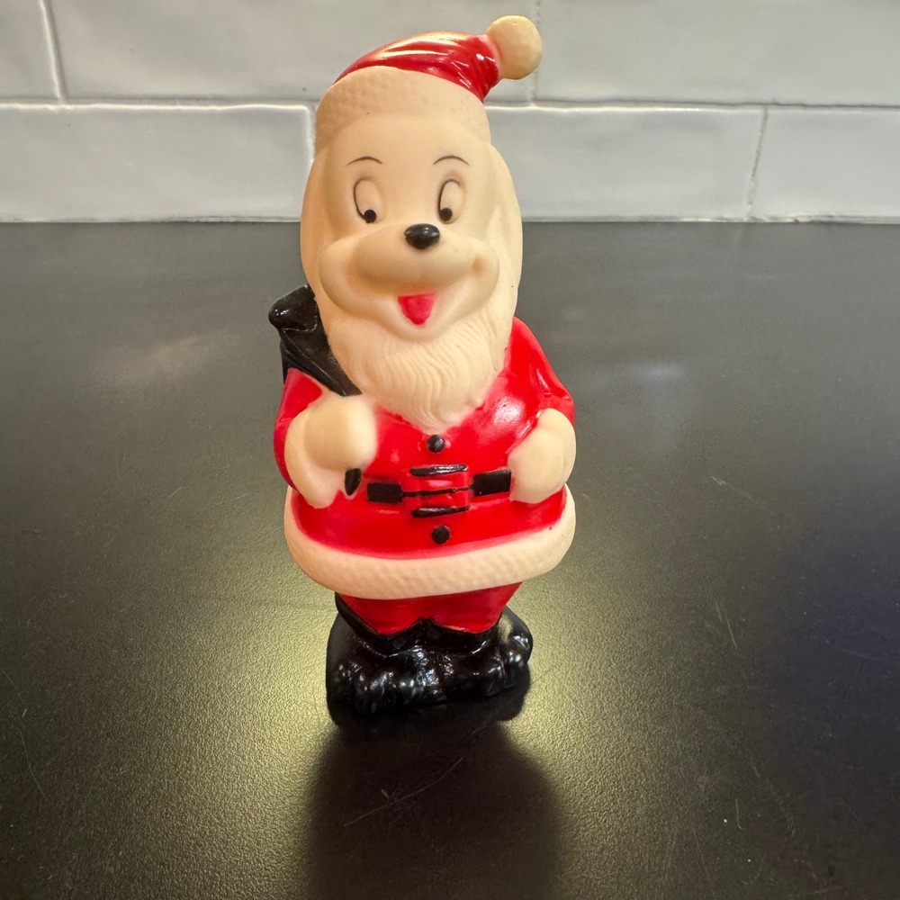 Vintage Santa Bear Figurine Holiday Decor 5.5in Red White Rubber Kitsch Squeaky